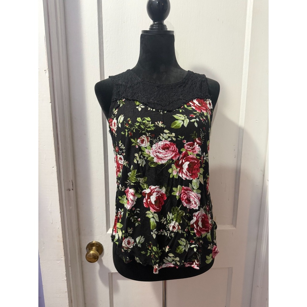 Ambiance Black Floral and Lace Tank Top in L